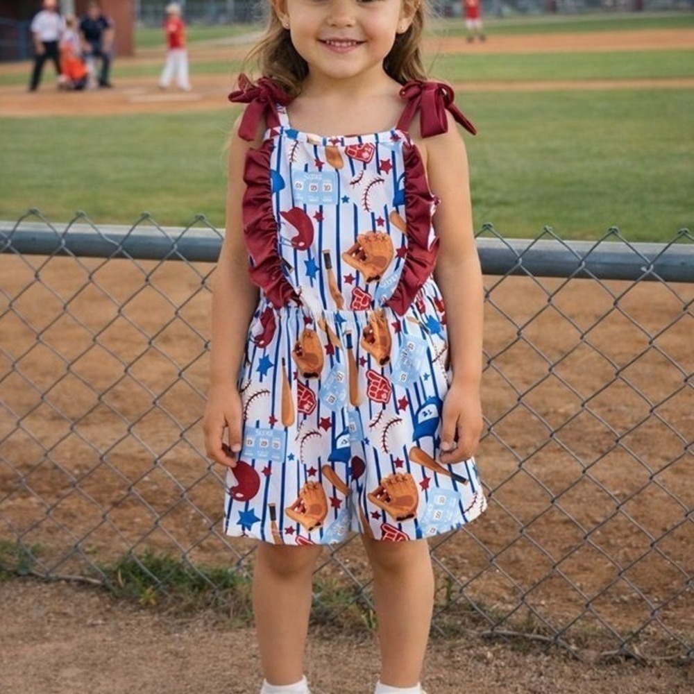 Pete + Lucy Kids Size‎ 5 Vintage Baseball Print Ruffle Romper Girls